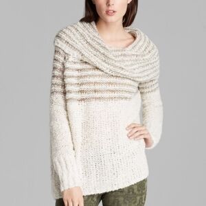 Free People Womens Engineer Striped Sweater Ivory Tan Cowl Neck Size Medium
